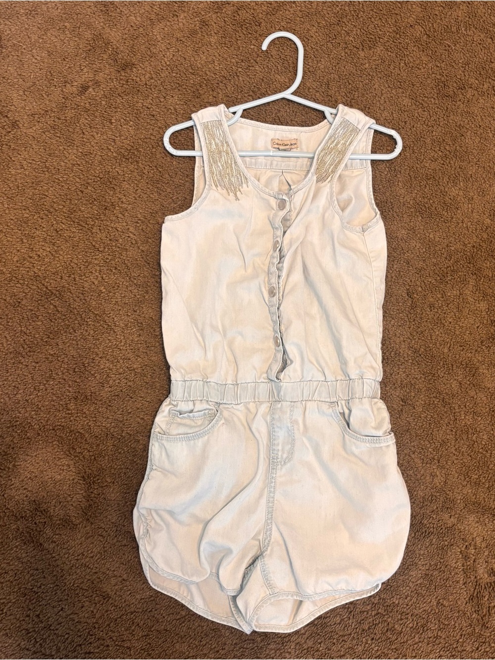 Calvin Klein Jeans Light Denim Sleeveless Romper with Fringe Accents